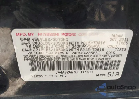 2012 Mitsubishi Outlander Es z USA, uszkodzony, nr VIN JA4AS2AW7CU007788